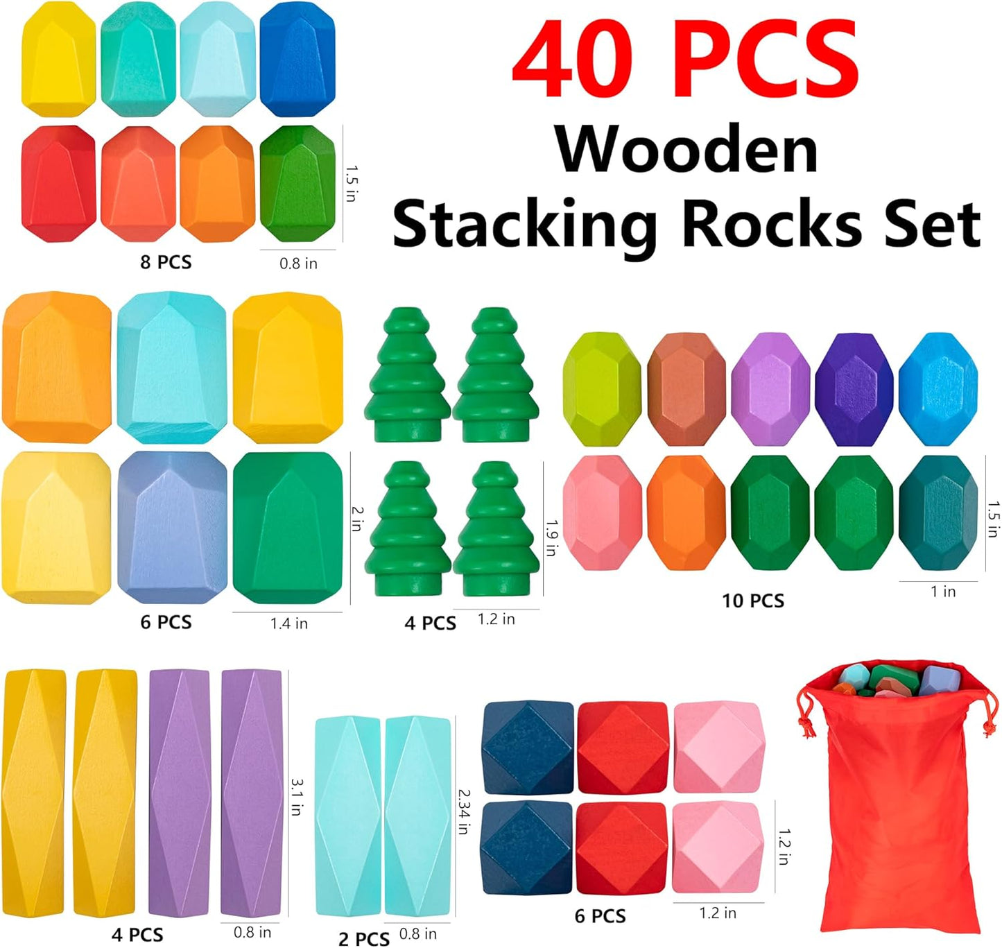 Wooden Stacking Rocks - 40 Pcs Montessori Sensory Learning Toys for Kids 3-9 | Balance Building Blocks Educational STEM Toys for Boys Girls