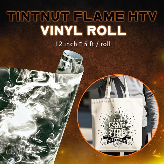 Tintnut Black Grey Flame Heat Transfer Vinyl Roll, stretch washable, suitable