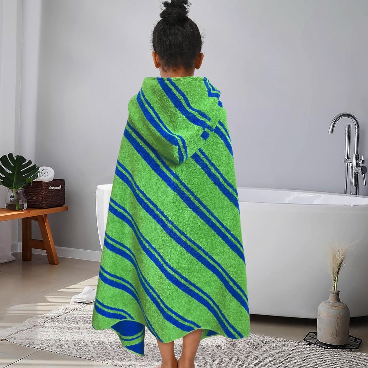 VOOVA & MOVAS Hooded Bath Towels for Kids (3-10Years,27.5"x55"),100% Cotton Absorbent Soft Towel Wrap for Toddler Boys,Perfect for Bathroom | Pool | Beach | Swimming, Jacquard Green Stripe