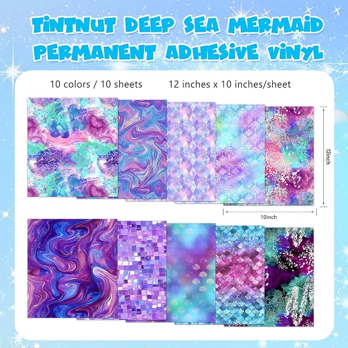 Tintnut Watercolor Permanent Vinyl 10 Sheets 12x10in Mermaid Adhesive Vinyl |