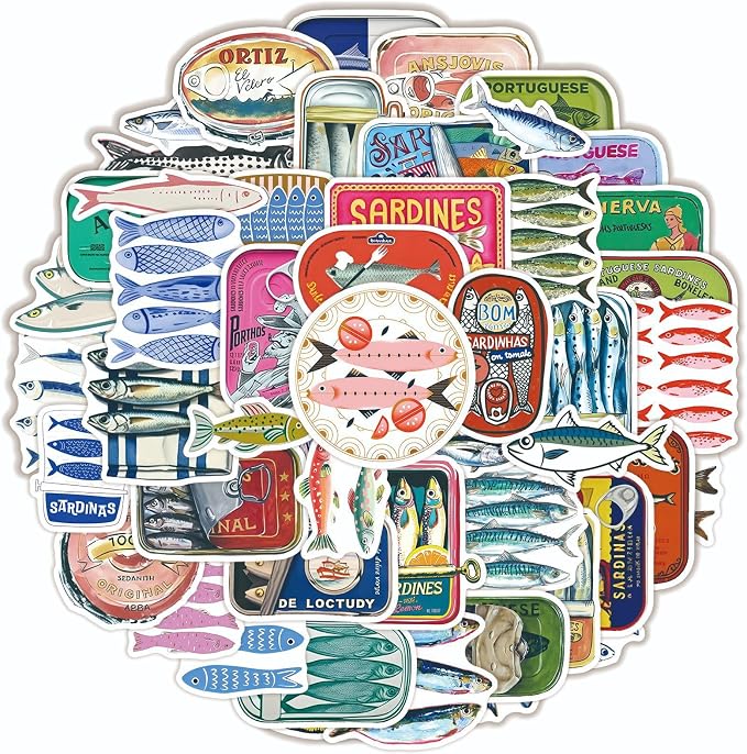 50 Pcs Vintage Sardine Fish Can Stickers, Retro Seafood Tin Label Ocean Fish