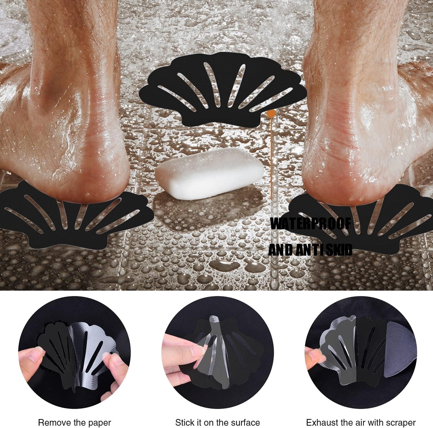 Non-Slip Bathtub Stickers, 24 PCS Shell Safety Bathroom Tubs Showers Treads Adhesive Decals Scraper (Black)