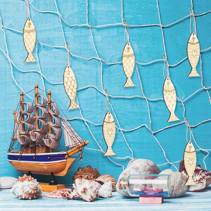 200 Pcs Wooden Fish Charms Old Lace Sea Animal Cutouts Unfinished Wood Summer