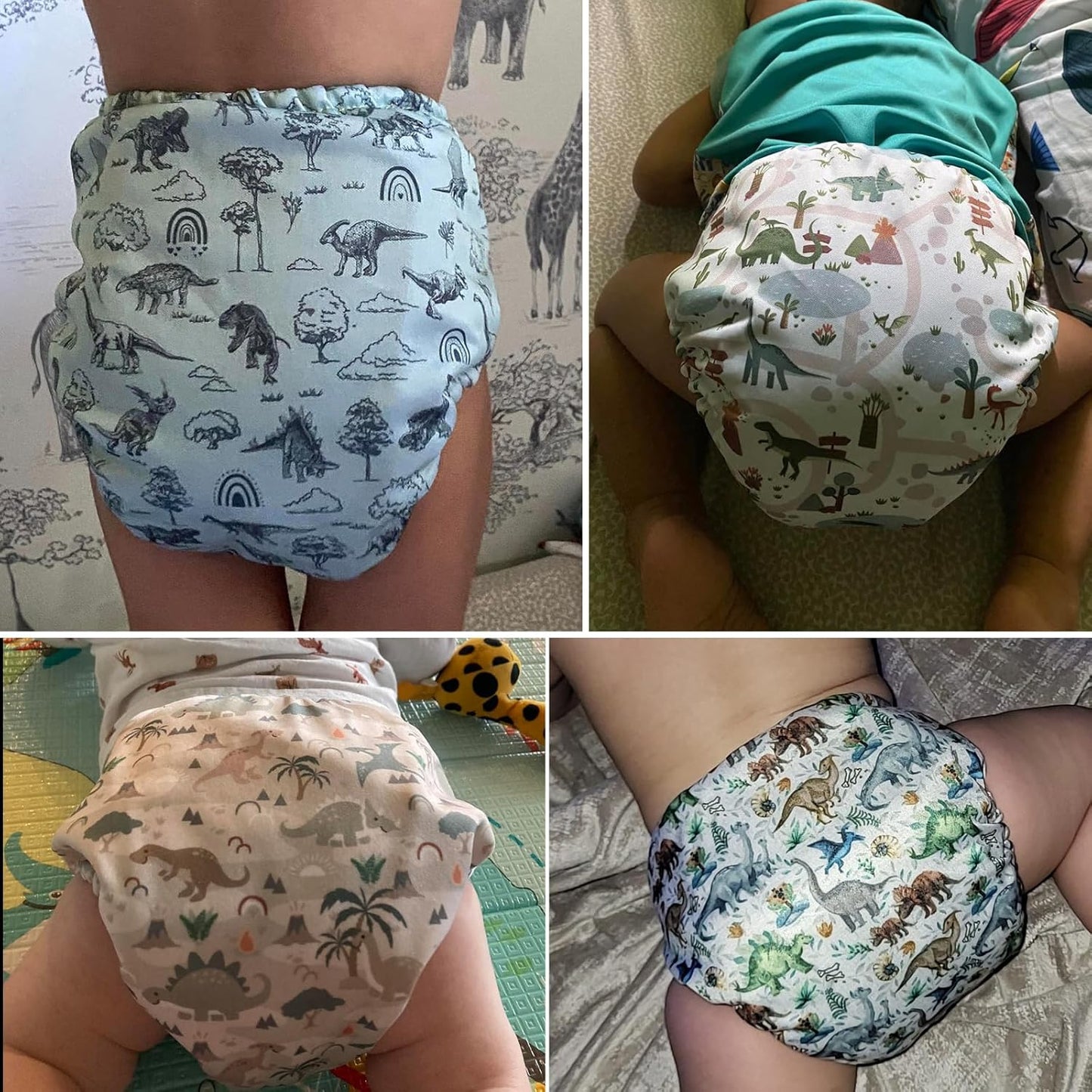 Mama Koala 3.0 Pocket Cloth Diapers for Babies with AWJ Lining, 6 Pack with 6 4-Layer Natural Cloth Diaper Inserts - Reusable and Washable Pocket Diapers(Cute Dinosaurs)