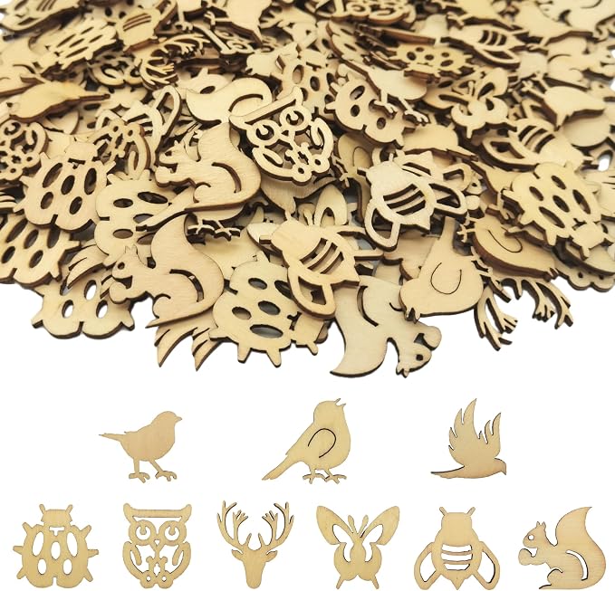 DIYOMR 200Pcs Hollow Wood Pieces Unfinished Wooden Vintage Embellishments
