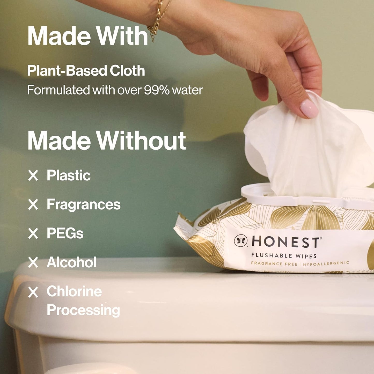 The Honest Company Flushable Wipes for Sensitive Skin, Fragrance-Free Hypoallergenic pH-Balanced Feminine Wipes, 99% Water Safe-to-Flush Wipes, Gilded Wings, 126 Count