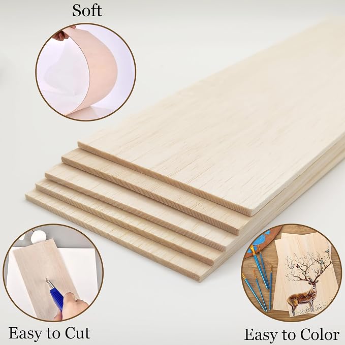 Balsa Wood Sheet 1/8" Inch Thick 12" x 4" Wooden Board