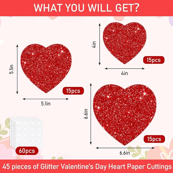 JarThenaAMCS 45Pcs Valentine' s Day Heart Cutouts Red Pink Glitter Heart Shaped