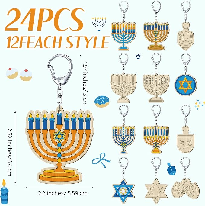 RattanView 24 Pcs Hanukkah Craft Color Your Own Keychains DIY Craft Wooden