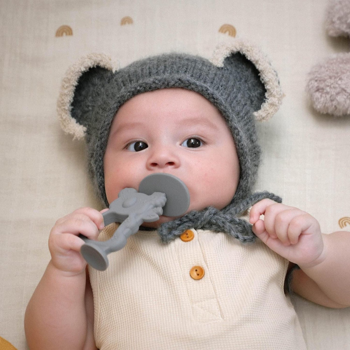 Moonkie Teething Toy Set of 2, Safe & Easy to Hold BPA Free Silicone Teethers, 360° Baby Toothbrush with Suction Base, Teether Toys Best for Babies 6-12 Months (Koala Warm Taupe/Lunar Grey)