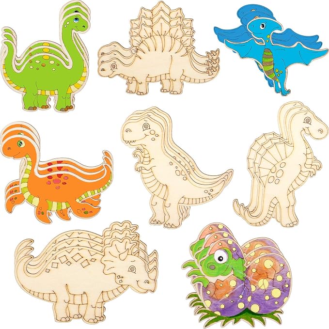 Jetec 40 Pieces Dinosaur Unfinished Wood Cutouts Animal Wooden Paint Crafts