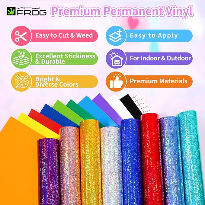 VINYL FROG Glitter Permanent Vinyl Bundle 20 Pack Glossy Holographic Adhesive