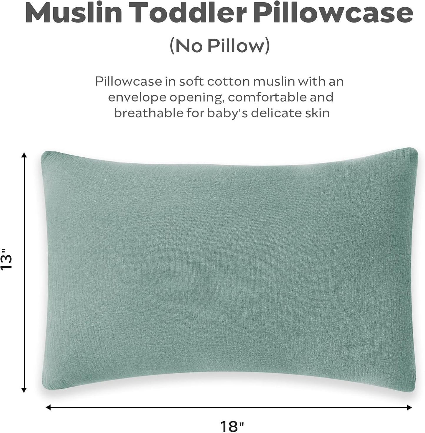 JELLYMONI 2 Pack Muslin Toddler Pillowcase for 13x18 Pillow, 100% Cotton Baby Pillow Case Cover for Bed, Toddler Cot and Travel, Soft & Breathable Baby Kids Envelope Pillowcase, No Pillow
