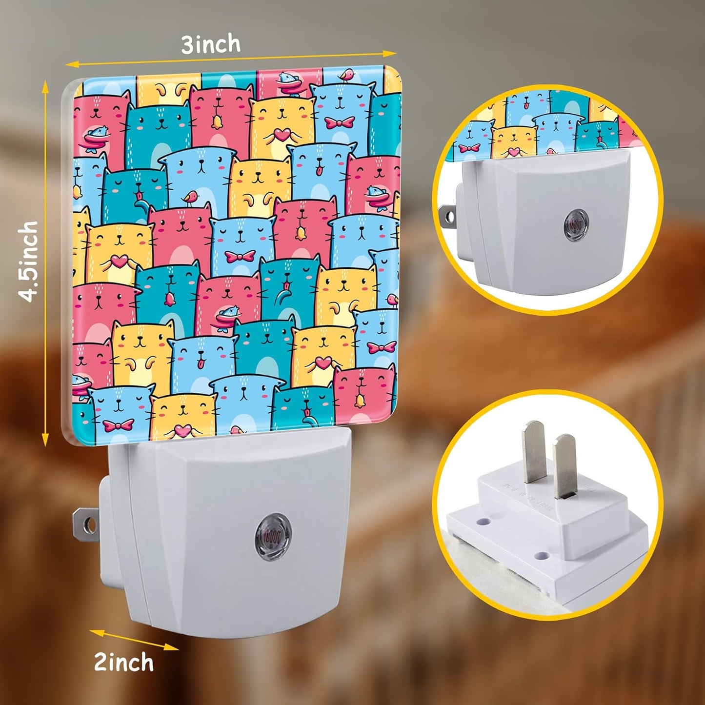 Cute Colorful Cats Night Light Plug into Wall with Dusk to Dawn Sensor Energy Efficient LED Nightlight for Women Girls Boys Room Decor,Hallway,Kitchen,Bathroom,Nursery,Stairs