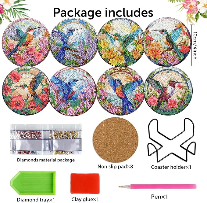 8 Pack Diamond Art Coasters, Hummingbird flowers Diamond Painting Coasters |