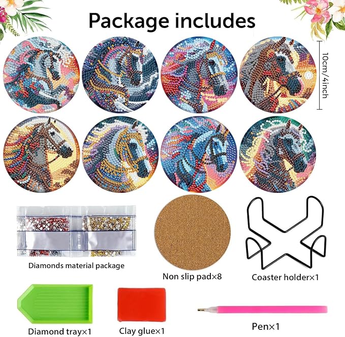 8 Pack Horse Diamond Art Coasters Kit for