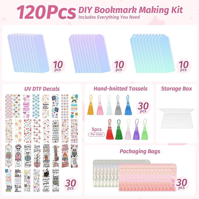 120Pcs Acrylic Bookmark Blanks Kits, Iridescent Clear Bookmarks Bulk