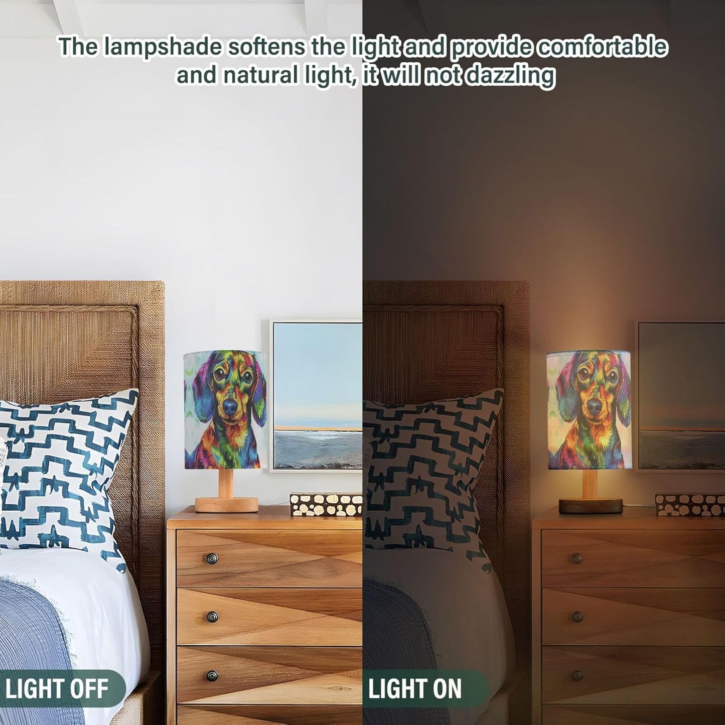 Table Lamp Colorful Dachshund Puppy Nightstand Lamp with Wood Base Fabric Lamp Shade Bedside Desk Lamp for Living Room Bedroom Kids Room Office