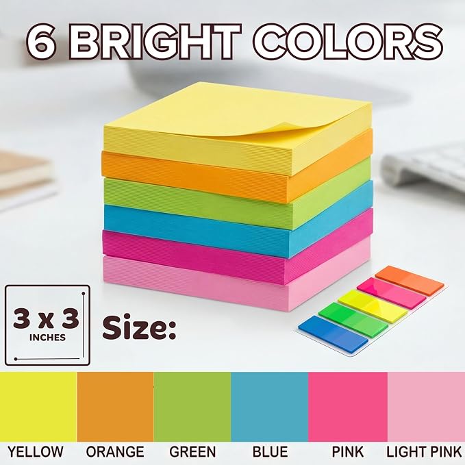 Sticky Notes 3x3 – 2026 Improved Adhesive, Very Very Sticky & Bright Neon