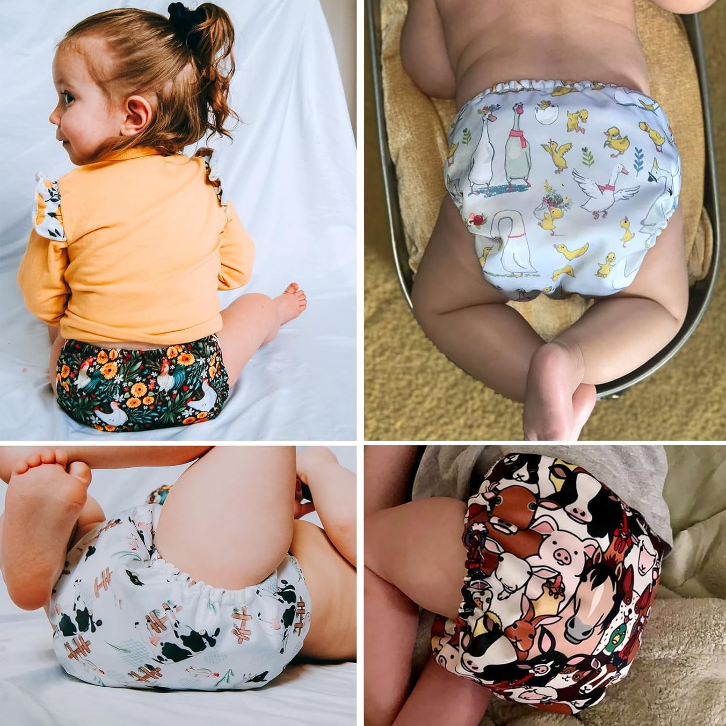 Mama Koala 3.0 Cloth Diapers for Babies with AWJ Lining, 6 Pack with 6 5-Layer Natural Cloth Diaper Inserts - Reusable and Washable Pocket Diapers(A-The Farm Story)