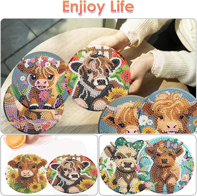 ijbnhd 8 Pack Highland Cow Diamond Art Coasters Kits | Cow Diamond Painting