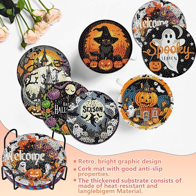 8 PCS Halloween Diamond Art Coasters Kits Diamond Painting Coaster | Diamond