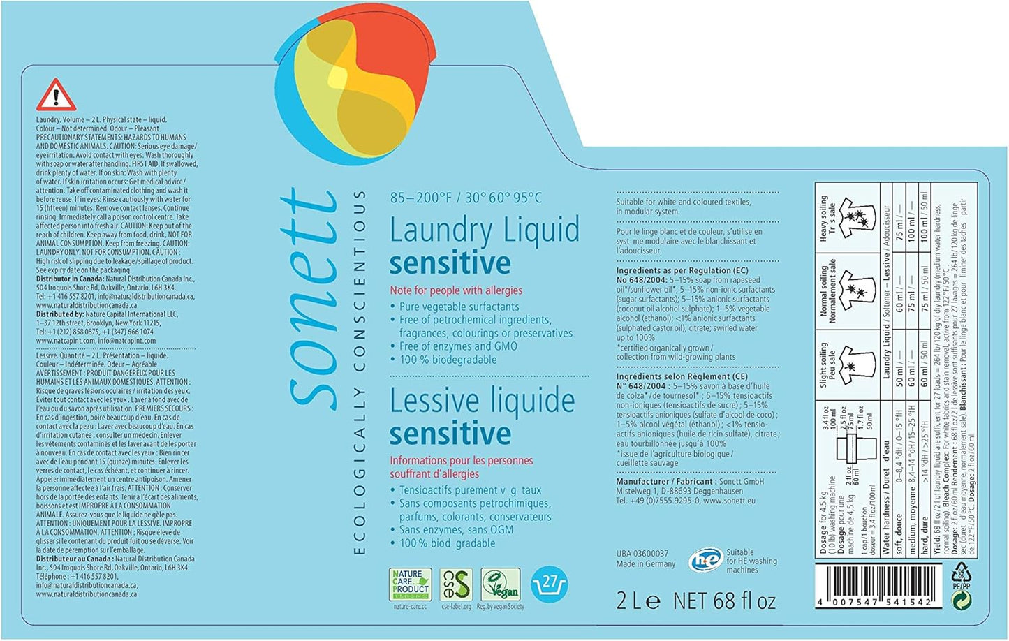 Sonett Organic Laundry Liquid Detergents, Sensitive (1 Count) For People With Allergies GMO Free Certified Organically Grown