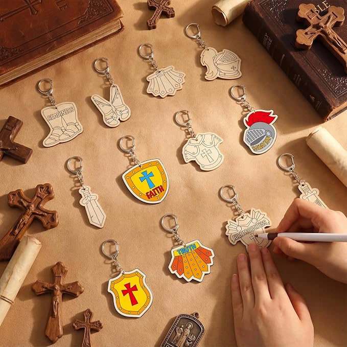 RattanView 24 Pcs Armor of God Crafts Color Your Own Keychains DIY Craft Wooden