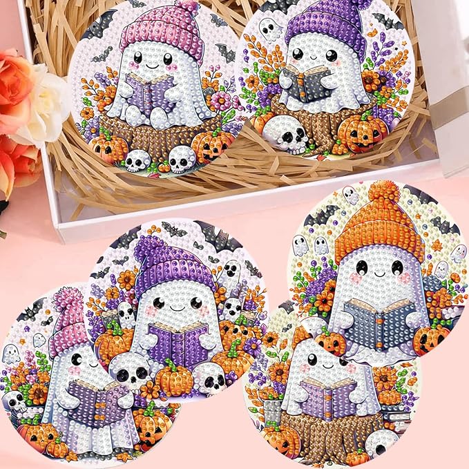 8 Pack Diamond Art Coasters, Halloween Ghost Diamond Painting Coasters Kits |