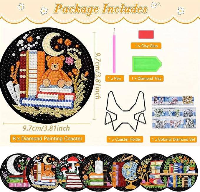 Clendo 8 Pcs 5D Book Diamond Art Coasters Kits