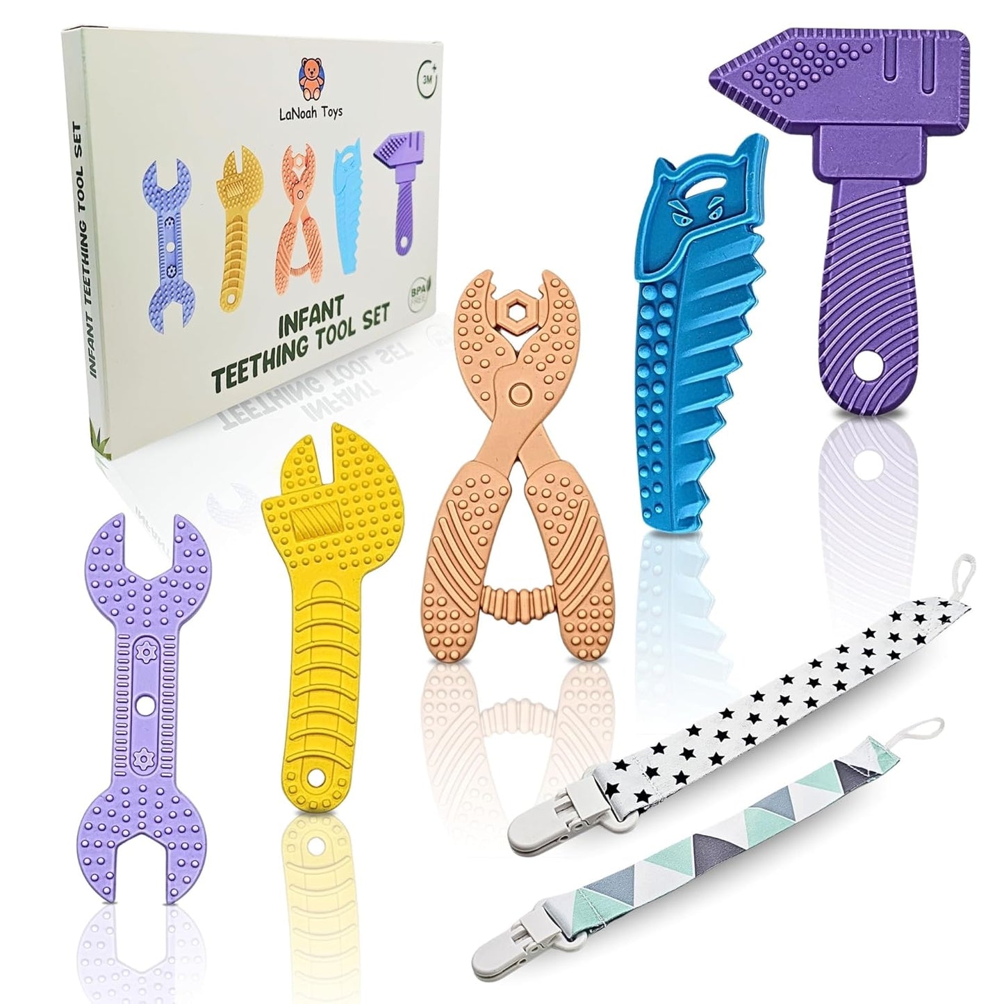 Infant Teething Tools Set: Includes 2 Clips! Soft BPA Free Teething Toys, 5 Piece Construction Set, Baby Boy Essentials Einstein, Gift for Infant Toddler Boy Girl