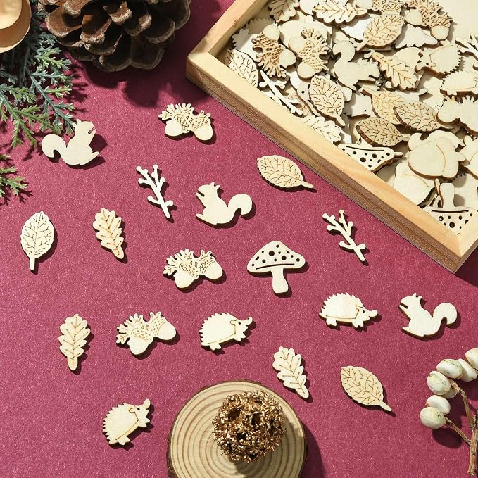 200 Pcs Unfinished Wooden Animal Plants Cutouts Squirrel Hedgehog Leaf Shapes