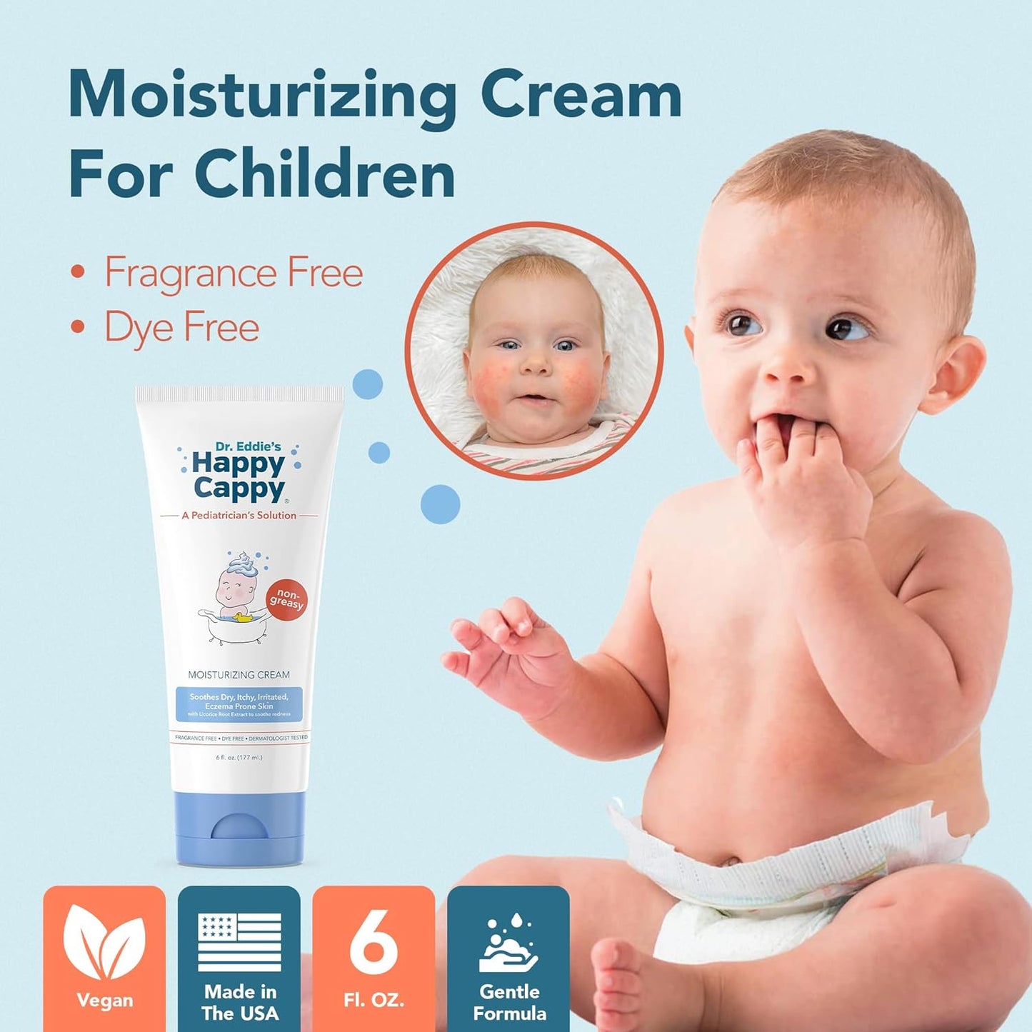 Happy Cappy Moisturizing Cream - Baby Cream for Eczema-Prone Skin, Lotion for Infants, Kids, Pediatrician-Formulated, Gentle, Paraben Free, Hypoallergenic, Sulfate Free, Soothes Dry Skin - 6 fl oz