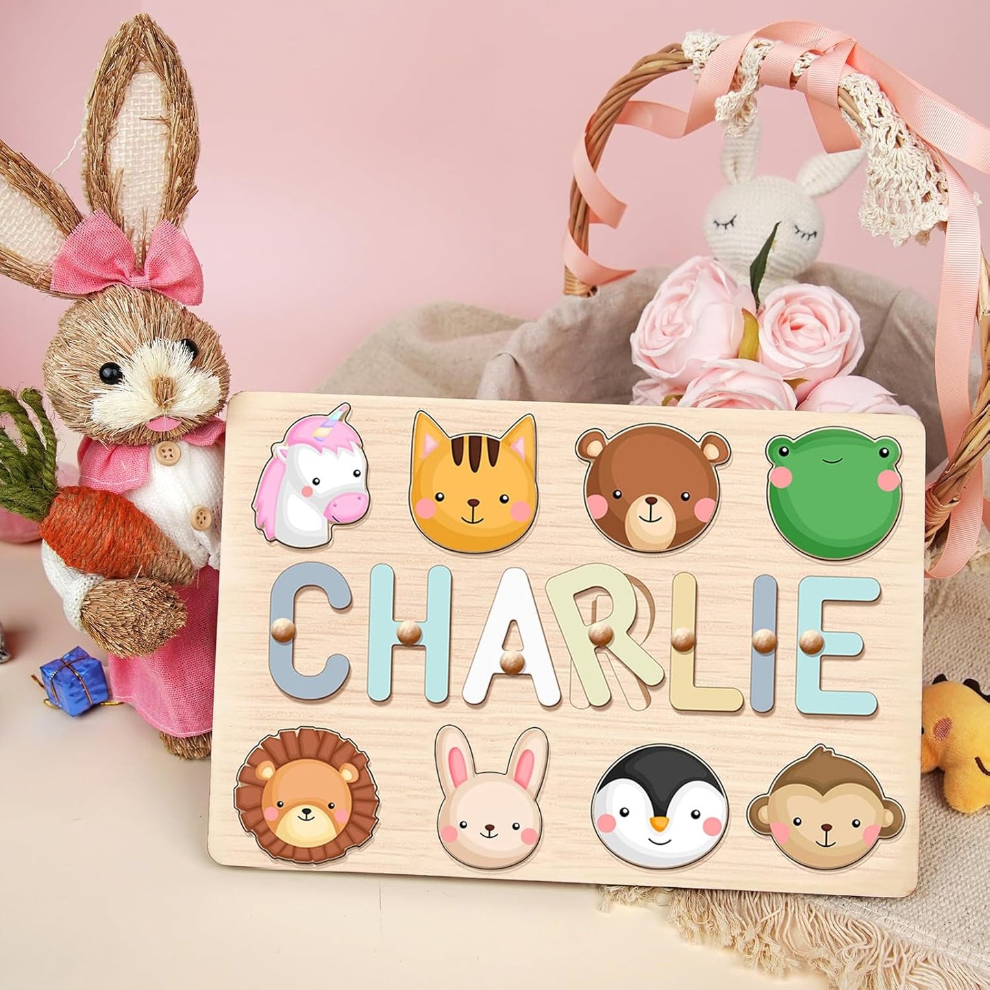 Name Puzzle for Kids Personalized, Wooden Name Puzzles for Toddlers 1-3, Engraved Text Greetings on Back, Custom Baby 1st Birthday Gifts for Girl&Boy, Kids Sensory Toys (Name Puzzle)