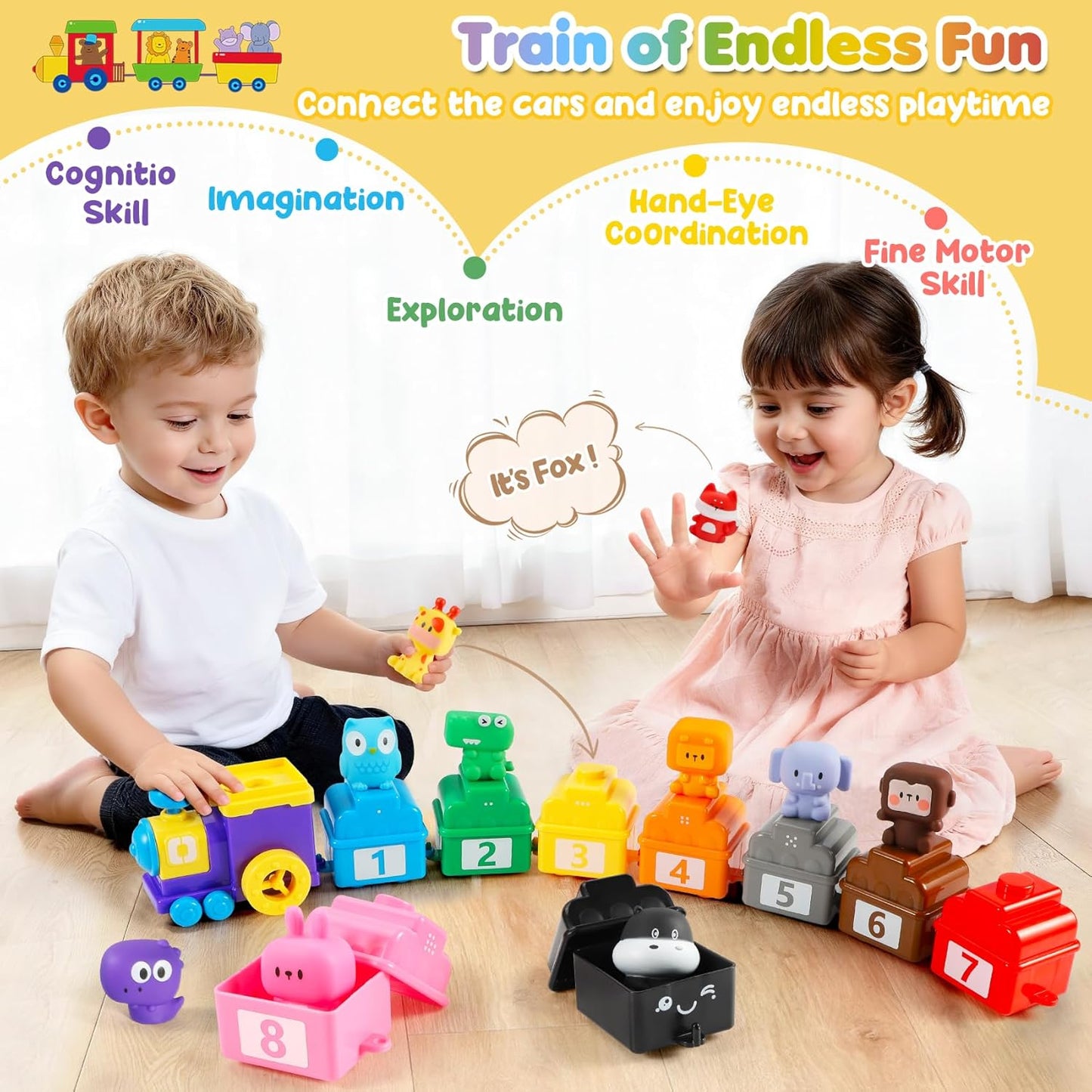 URMYWO Toys for 1 2 3 Years Old Boy Girl, Montessori Learning Toys for 1 2 3 Years Old Toddler, Train Set with 10 Finger Puppets&Play Mat, Counting, Matching & Sorting, Toddler Boy Girl
