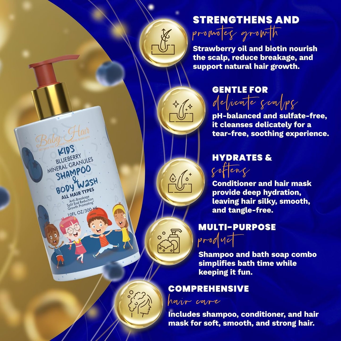 BABY HAIR - Blueberry Mineral Kids Shampoo/Body Wash, Sulfate-Free Kids Tearless Shampoo and Body Wash, Shampoo For Kids with Blueberry & Strawberry Oil and Aloe Vera, No Tears Shampoo, 10 fl.oz.