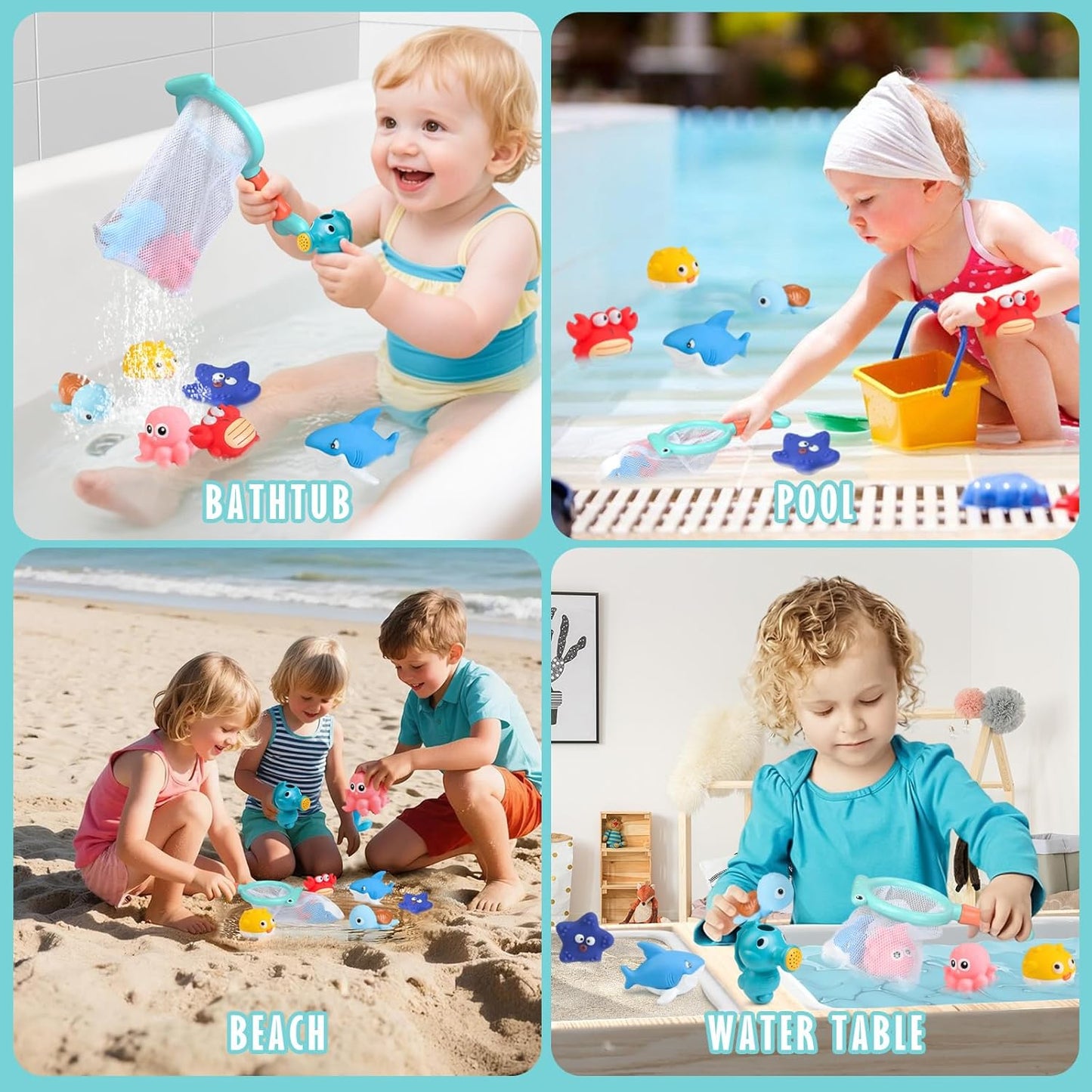 Mold Free Bath Toys for Toddlers No Hole Baby Bathtub Toys with Sea Animals, Seahorse Watering Can, Fishing Net & Storage Bag, Floating Pool Toys for Boys and Girls