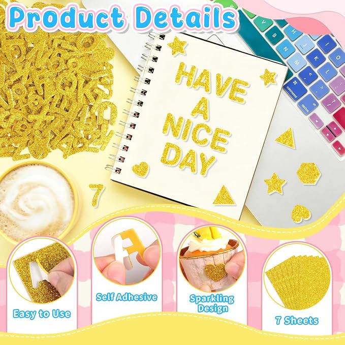 784 Pcs Foam Letter Stickers Glitter, Self-Adhesive Glitter Alphabet Stickers 1