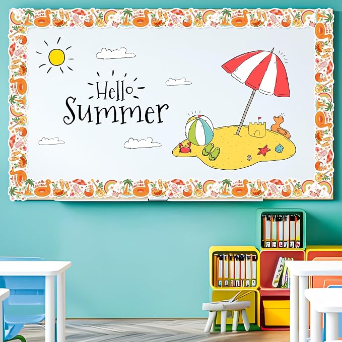 FYSUIMU 65.6 Ft Groovy Summer Bulletin Board Borders Retro Tropical Hawaiian