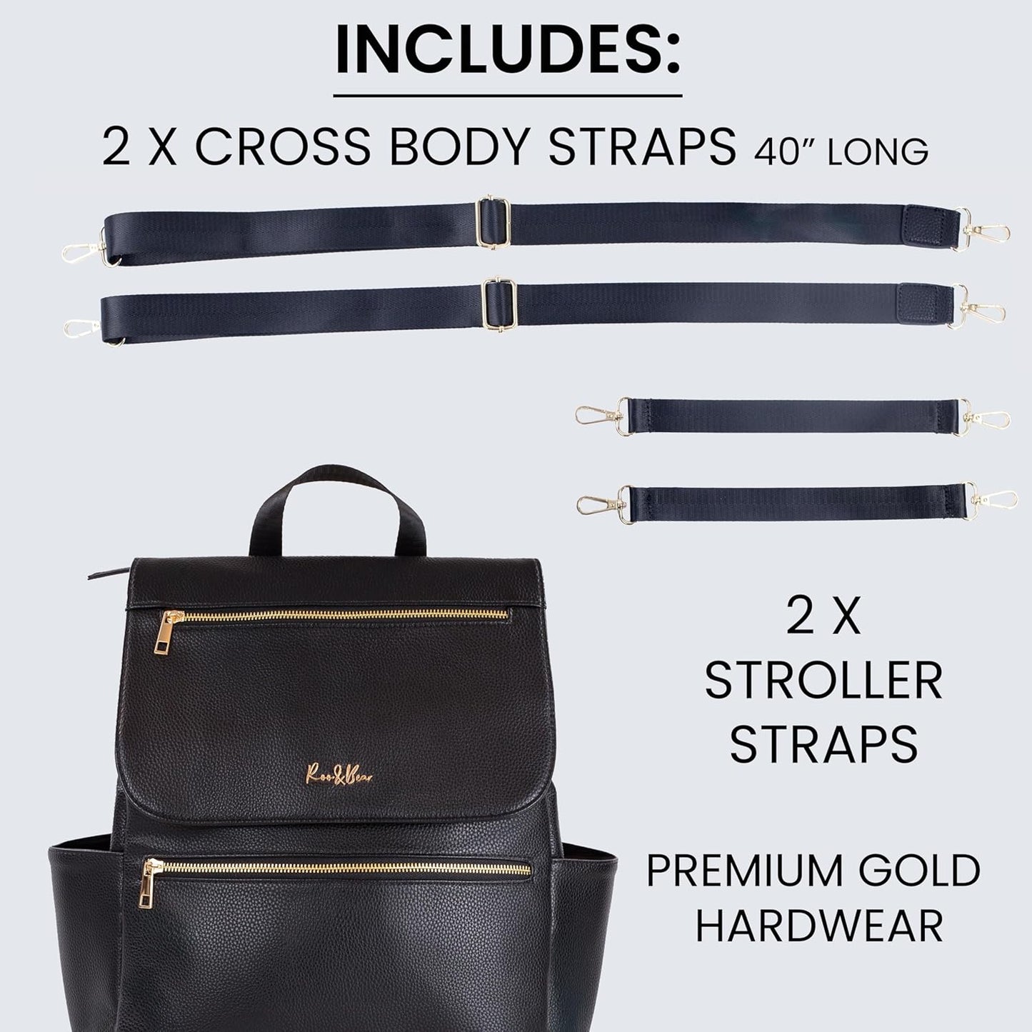 Premium Vegan Leather Diaper Bag Backpack – Large Designer Baby Bag, Stylish Diaper Backpack with Stroller & Crossbody Straps & Multiple Compartments (Black)