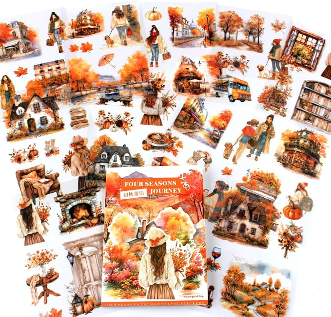 Fall Landscape Pre-Cut Autumn Journal Sticker Book, Transparent PET Watercolor