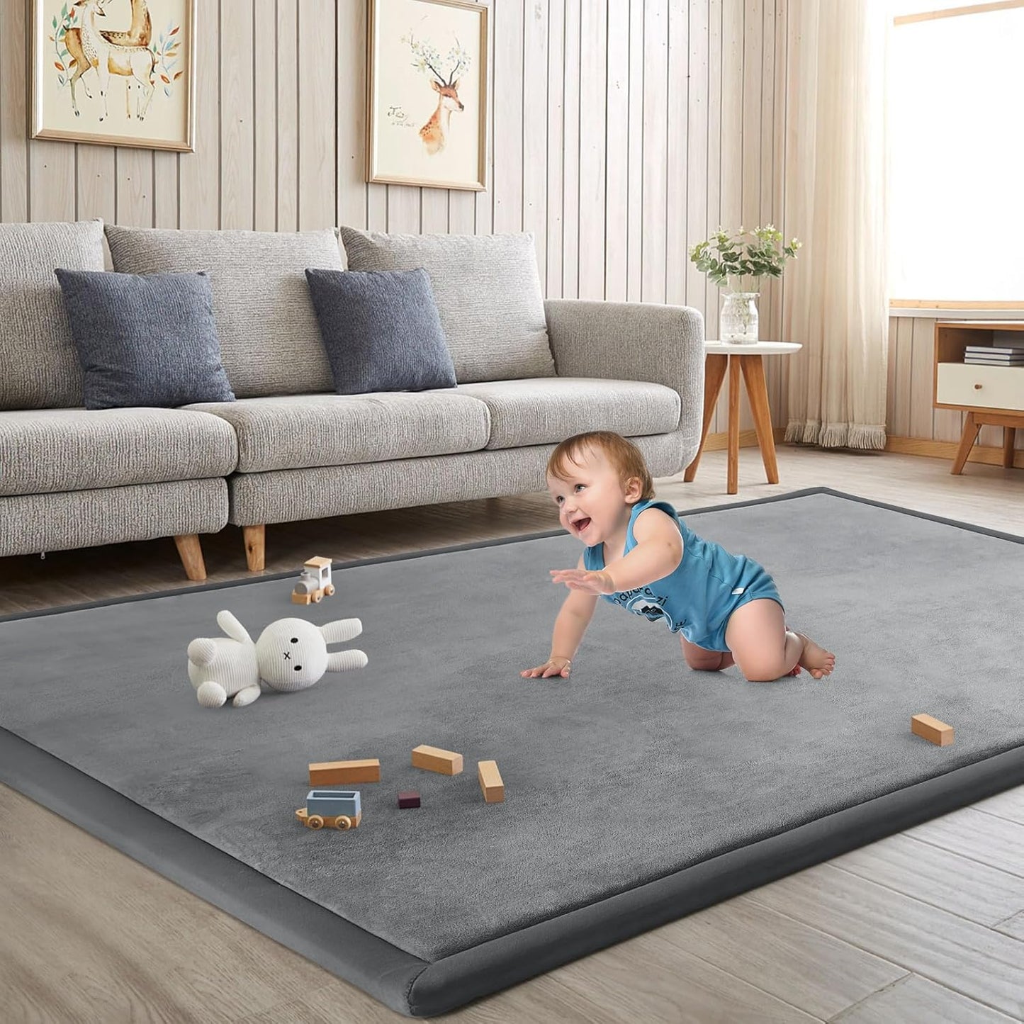 Baby Play Mat for Floor Tummy Time Mat Nursery Muscle Area Rug Playroom Rug Tatami 47"*47" Memory Foam 1.3" Thick Crawling For Babies,Toddlers, Infants, Kids,Floor(Grey)