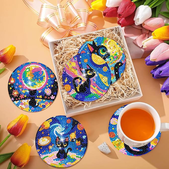 10 PCS Black Cat Diamond Art Coasters Kit
