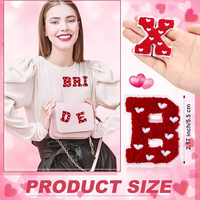 WILLBOND 52 Pcs Valentine's Day Heart Self Adhesive Chenille Letters Patches