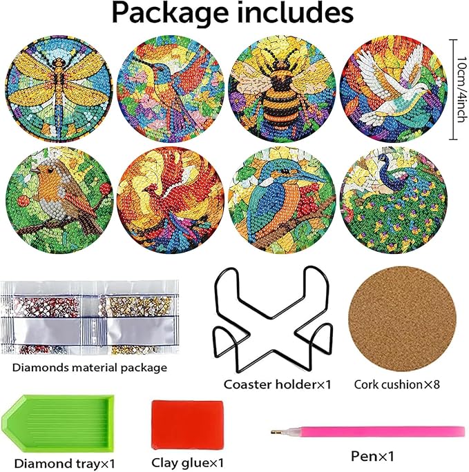 8 PCS Spring Diamond Art Coasters Kits Animals Diamond Painting Coaster |