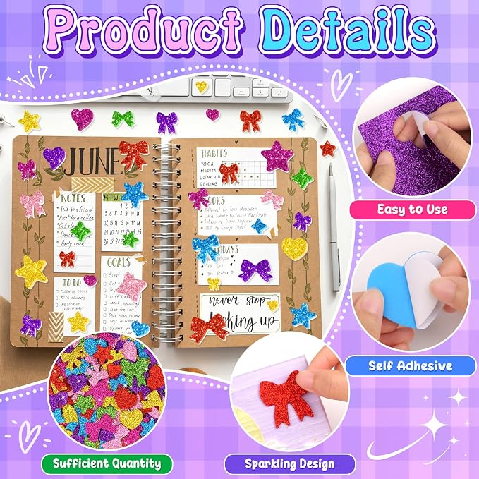 875PCS Glitter Foam Stickers, Colorful Heart & Star & Bow Stickers,