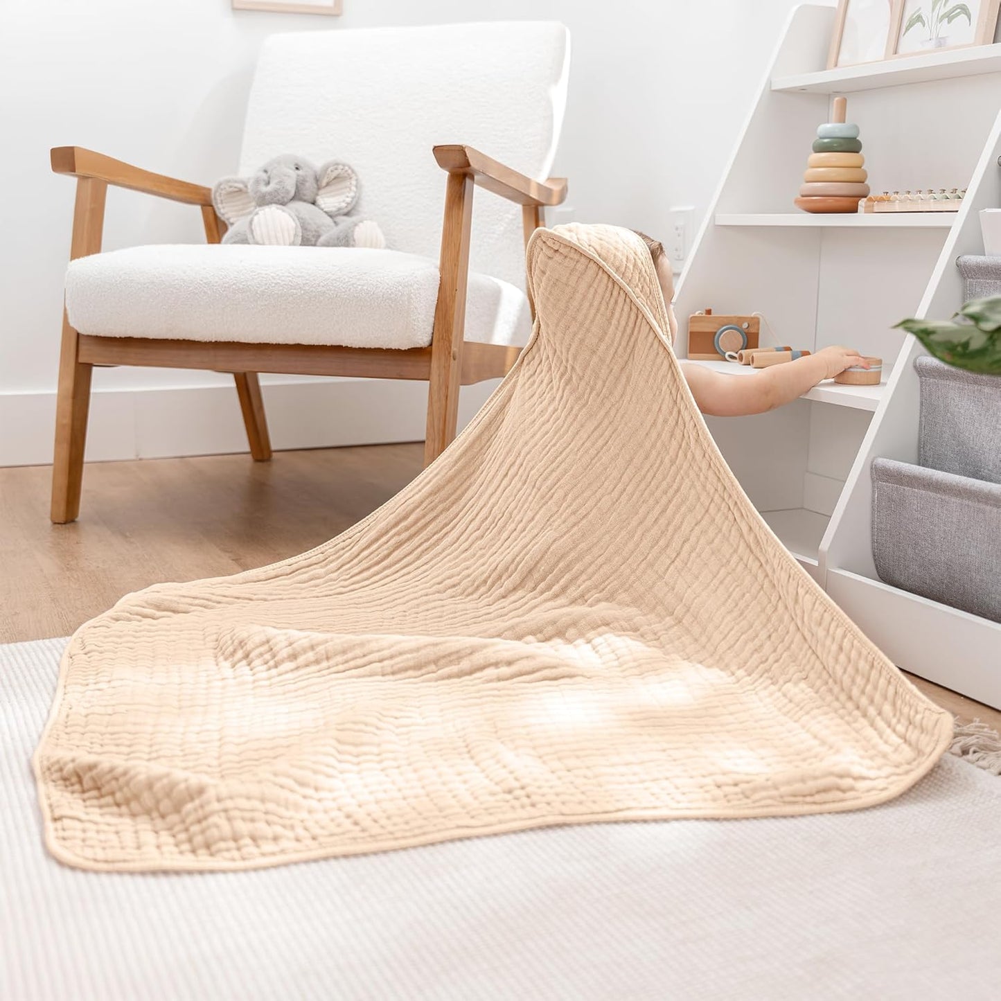 Comfy Cubs Hooded Baby Towel 1-Pack, Large 32 x 32 Inch - 6 Layer 100% Muslin Cotton for Babies, Toddlers and Kids - Soft & Absorbent Baby Bath Towels - Unisex Design for Bath Time - Cream