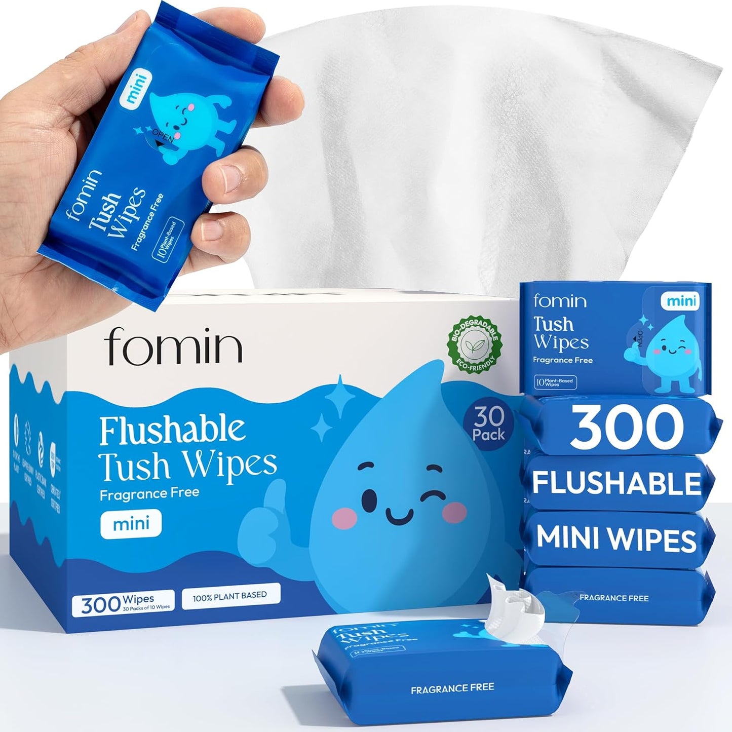 Fomin Mini Flushable Tush Wipes 30 Pack (10 Count) - Fragrance Free Travel Wet Wipes for Women - pH Balanced, Biodegradable Cleansing Wipes - Hypoallergenic, Plant-Based Tush wipes for Adults and Kids