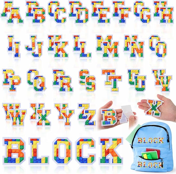 WILLBOND 52 Pcs Building Blocks Alphabet Patches 2.8 Inch Self Adhesive Letter