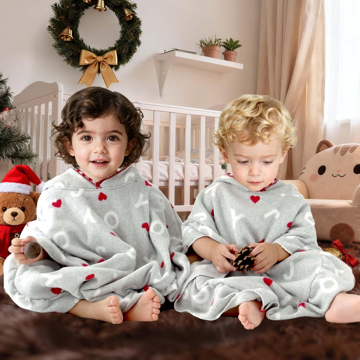 VOOVA & MOVAS Toddler Hooded Towel Poncho with Ruffle Trim | Soft 100% Cotton | Absorbent Thick Towel for Bath, Swim, Beach & Winter | Cozy, Gray Joy
